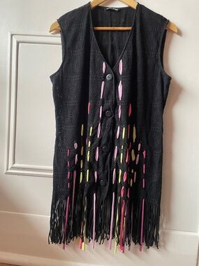 Samuel Dong Black Crochet Fringe Vest with Pink & Yellow Accents